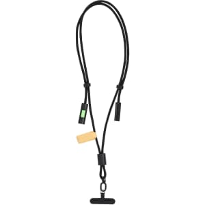 A charging cable holder in black with multiple connectors and a logo, designed for convenience and organisation.