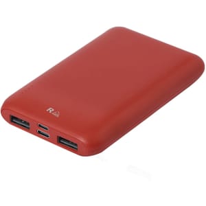 A red power bank with two USB ports and one USB-C port, featuring a minimalist design and a logo.