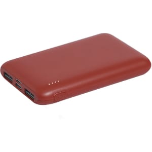 A red power bank with a smooth surface, featuring USB ports and a built-in battery indicator.