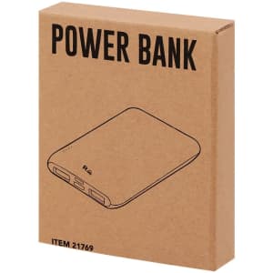 A power bank in a plain brown box, featuring multiple ports and a simple design. The packaging includes a logo.
