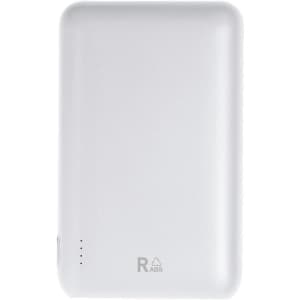 A white power bank with a smooth finish, featuring a logo and indicator lights.