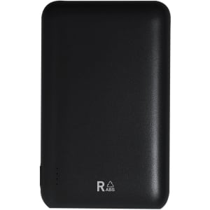 A black power bank with a simple design, featuring a logo and indicator lights on one side.
