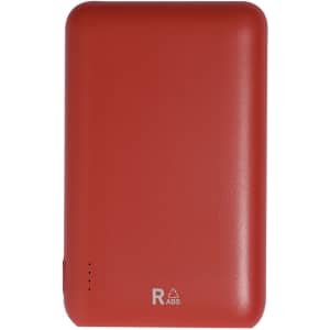 A red power bank with a smooth surface and an integrated logo, featuring LED indicator lights on the front.