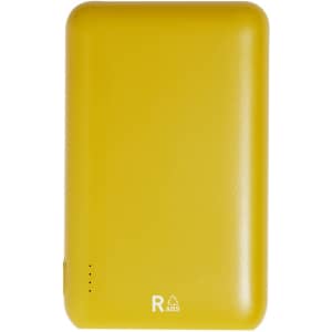 A yellow power bank with a smooth finish, featuring a logo and indicator lights on the side.