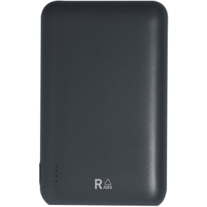 A power bank in dark grey with a smooth finish and a logo on the bottom.