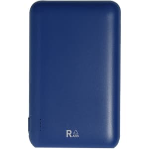 A blue power bank with a smooth finish and a branding logo. It features indicator lights for battery level.