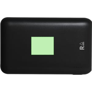 A black Telkax power bank with a square indicator, featuring a logo on one side.