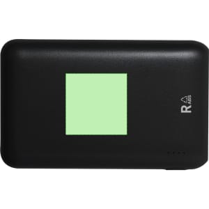 A black power bank with a green square on the front and a small logo in the corner.