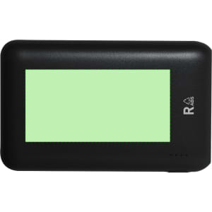A black power bank with a green display area and a logo.