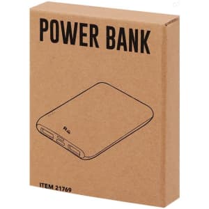 A power bank in a brown cardboard box with two USB ports and a logo on the front.