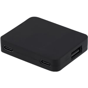 A black USB hub featuring multiple ports, including USB-C and a standard USB connection, with a simple rectangular design.