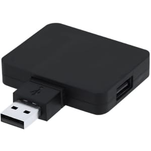 A black USB hub with one USB-A connector and one USB port, featuring a simple, compact design.