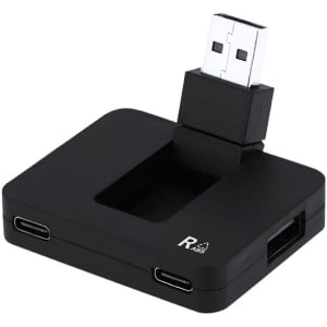 A black USB hub with multiple ports, featuring a USB connector and space for additional connections.