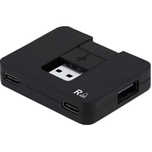 A black USB hub featuring multiple ports, including USB-C and standard USB connectors. It has a simple design with a logo.
