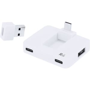 A white USB hub with multiple ports and a USB adapter included. It has a sleek and compact design.