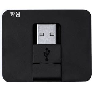 A black USB hub featuring a retractable USB connector. The hub has a simple, rectangular design and includes a logo.