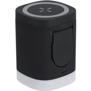 A wireless charger in black with a white base, featuring a logo on the top.