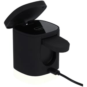 A wireless charger in black with a sleek design and a logo on the front. The lid is slightly open, revealing the charging area.