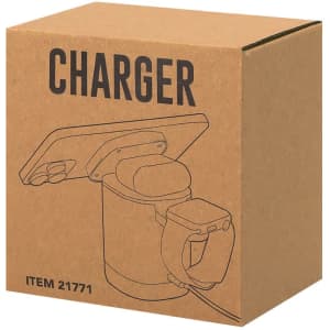 A cardboard box containing a wireless charger with a design illustration on the front, featuring a product logo.