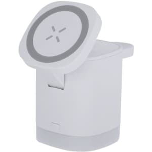A wireless charger in white with a rounded top and grey accents, featuring a logo on the surface.