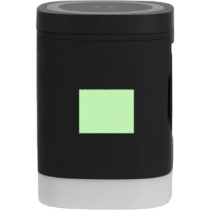 A wireless charger in black with a white base, featuring a light green section and a logo.