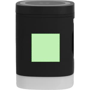 A black and white wireless charger featuring a green square area, with a logo on the surface.