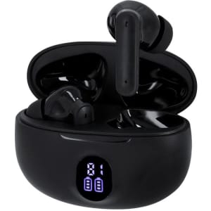 A pair of black Ticlon earphones in a charging case, featuring a display panel.