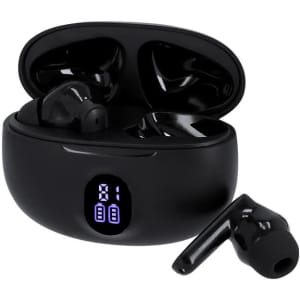 A pair of black Ticlon earphones in a charging case, featuring a digital display and one earphone outside the case.