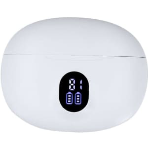 A white charging case for earphones with a digital battery indicator on the front.