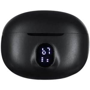 A black charging case for Ticlon earphones with a digital battery indicator displaying a charge level.