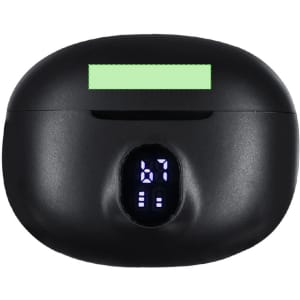 A black earphone charging case featuring a battery display. The case has a sleek design and includes a logo.