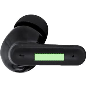 A black Ticlon earphone with a smooth design and a green accent, featuring a branding logo.