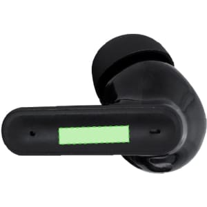 A black earphone with a curved design and a green area, featuring a simple logo.