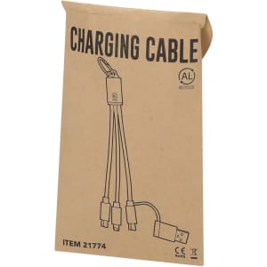 A charging cable packaged in a brown paper wrapper, featuring multiple connectors. The packaging has a logo.