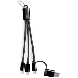 A black charging cable with three connectors and a keychain attachment. It features a compact design and a logo.