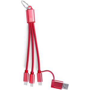 A red charging cable with three connectors and a keyring, designed for multiple devices.