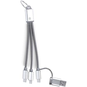 A charging cable with a silver finish, featuring multiple connectors and a keyring attachment.