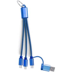 A blue Bikoc charging cable with three connectors and a keyring attachment. It has an aluminium body and braided design.