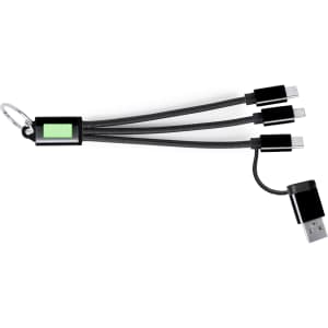 A charging cable with three connectors and a USB end, featuring a keychain attachment, in black.