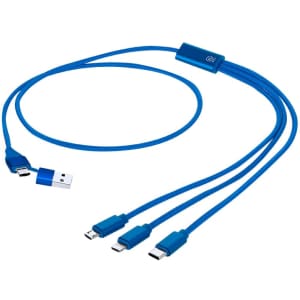 A blue charging cable with a USB connector and three outputs for different devices. It has a logo on the central connector.