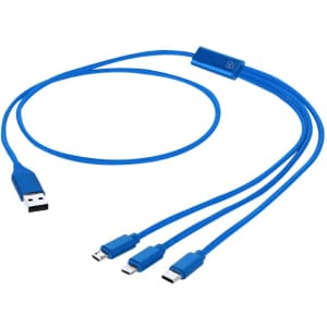 A blue charging cable with multiple connectors, including USB-C and Micro USB, featuring a logo.