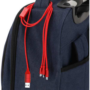 A blue backpack with a red Clodan charging cable featuring multiple connectors hanging from the side.