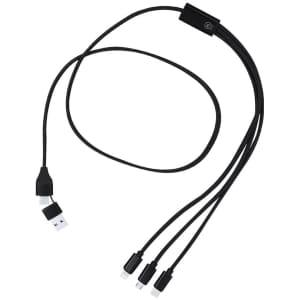 A charging cable in black with multiple connectors, featuring a logo on the side.