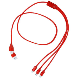 A red Clodan charging cable with three connectors and a branded tab for easy handling.