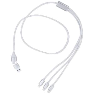 A white charging cable with multiple connectors for different devices, featuring a branding logo.