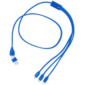 A blue Clodan charging cable with multiple connectors for various devices, featuring a branded section.