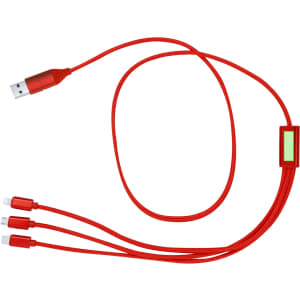 A red Clodan charging cable with a USB connector and three charging tips. It features a logo.