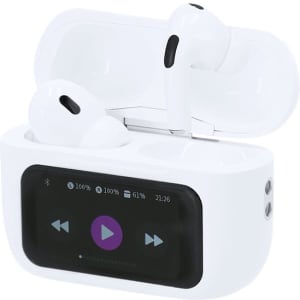 White wireless earphones in a charging case, featuring a digital display for battery life and playback controls.