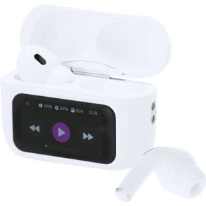 A pair of white earphones in a charging case, with a touchscreen display on the front.