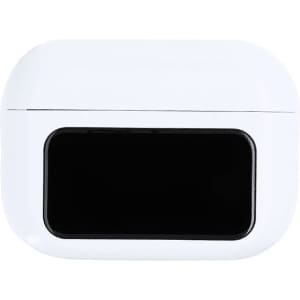 A white earphone case with a black front, featuring a logo on the surface.